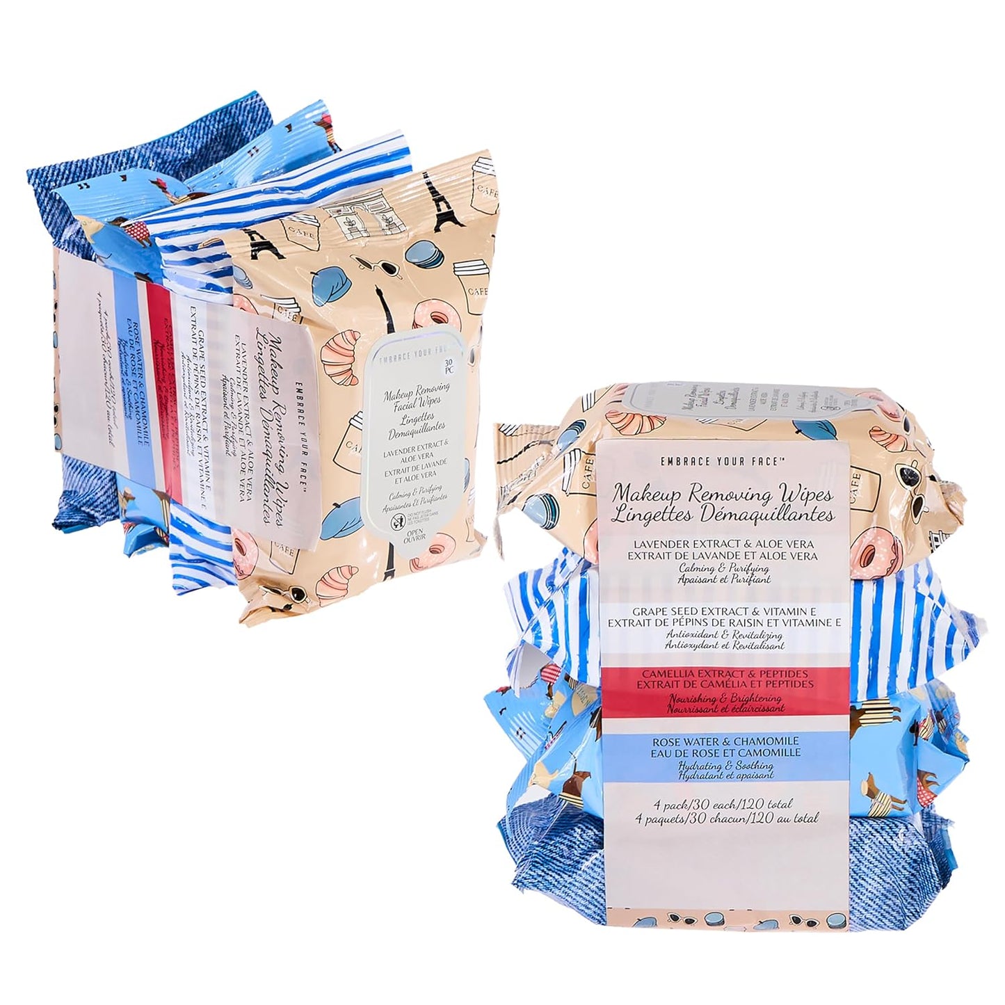 Makeup Removal Wipes - 120pc Variety Set with Hyaluronic Acid, Collagen & Rose Water | 4-Pack Cleansing Towelettes