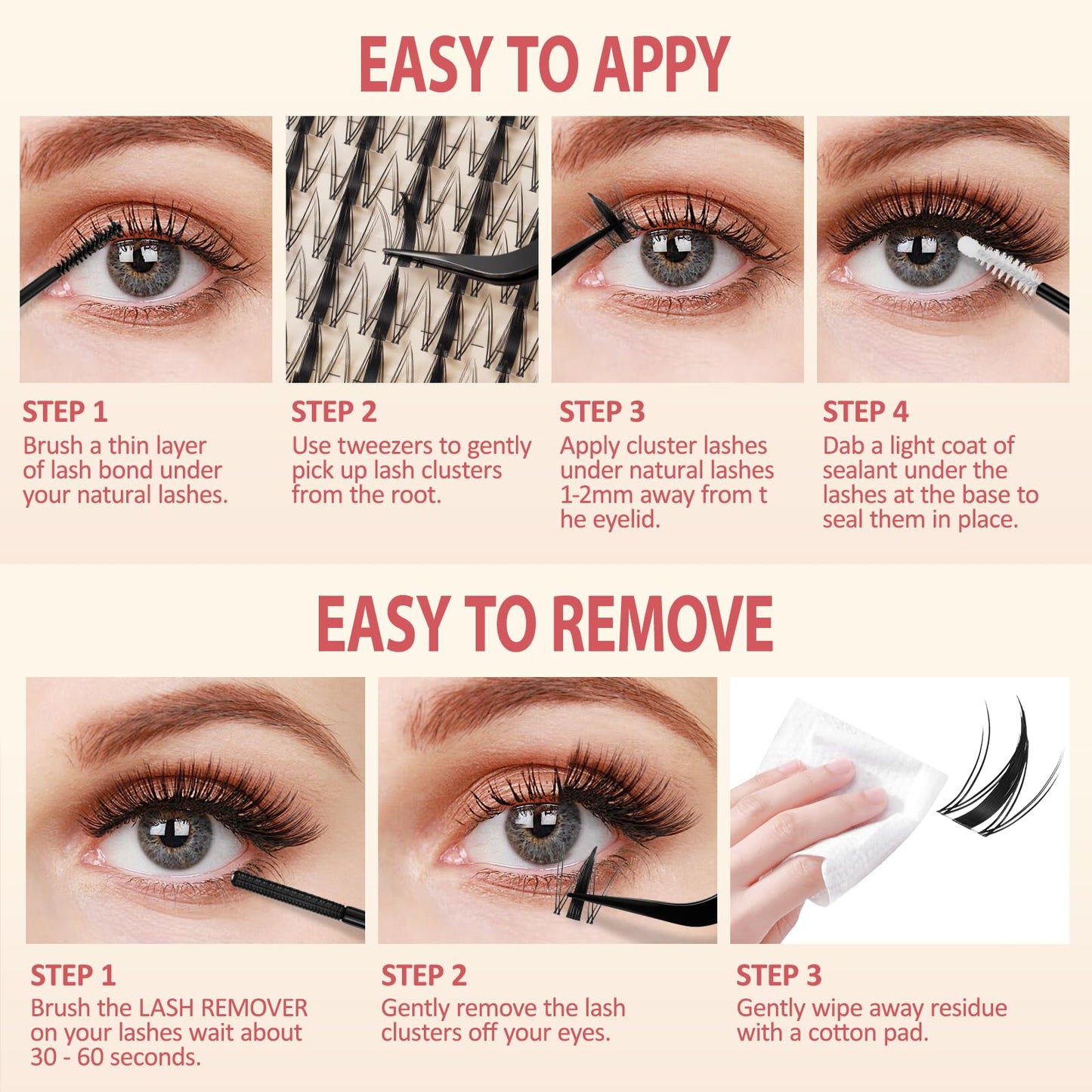 LAVONE Lash Clusters Kit, 140pcs D Curl DIY Individua Lashes, Waterproof Cluster Eyelash Extensions with Bond & Seal, Eyelashes Remover, Tweezers, Eyeliner and Eyebrow Pencil (WW007, 8-18mm)