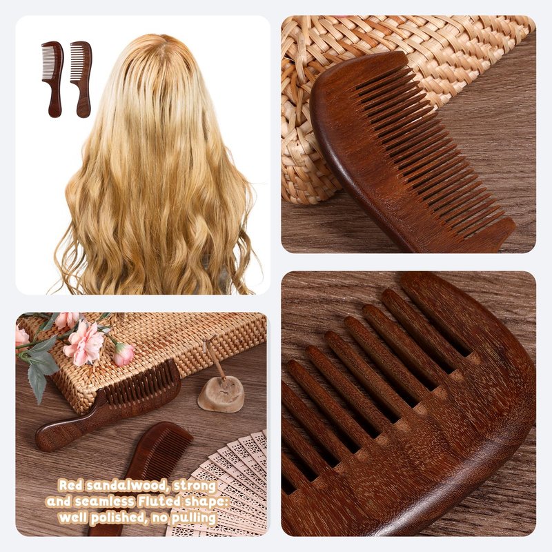 2 Pcs Sandalwood Comb Set Wide and Fine Tooth Comb Wooden Detangling Anti-static Natural Wood Combs Green Handmade Sandalwood Combs for Women Men Straight Curly Dry Wet Hair