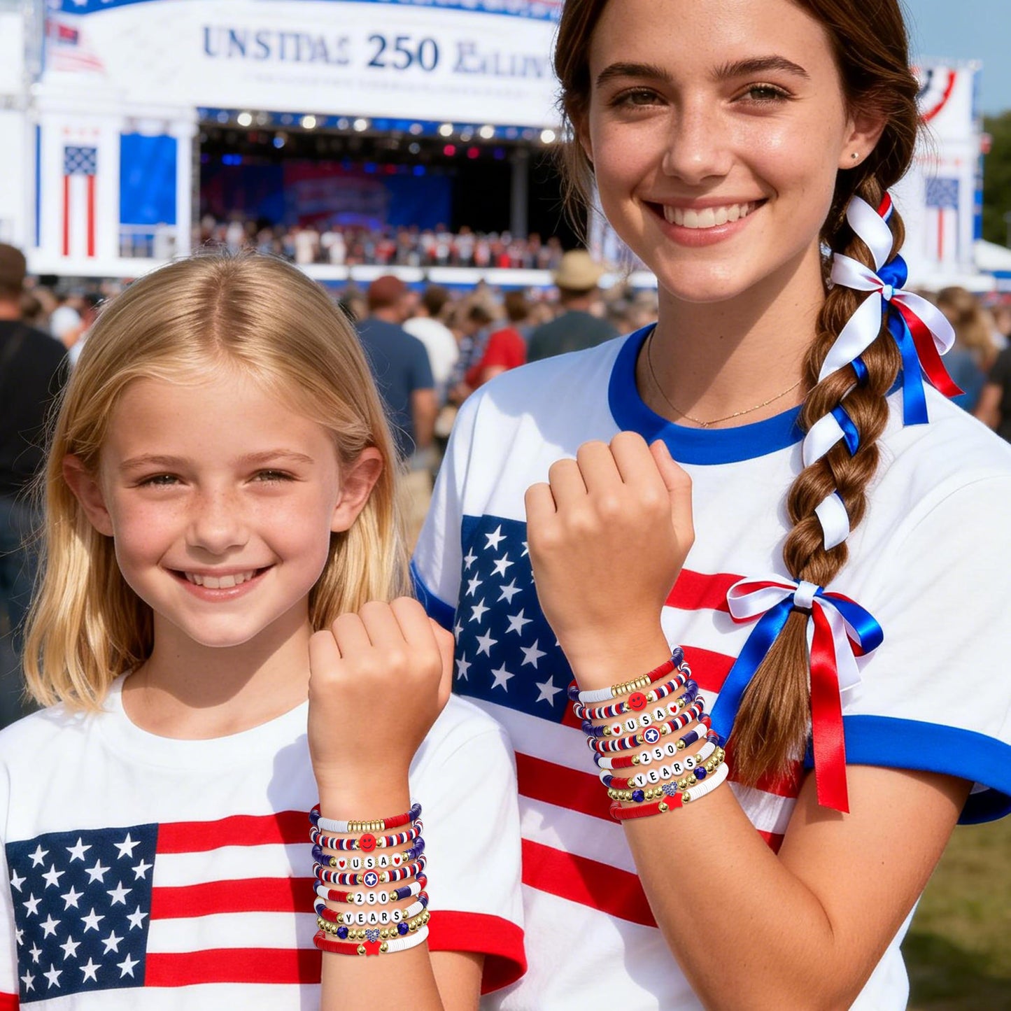 Go Ho 8 Pack 250 Anniversary USA Bracelets,4th of July Outfits Shirts Accessories for Women,Patriotic Red White and Blue Stackable Bracelets Set with USA,250 YEARS,Star&Smile Charms