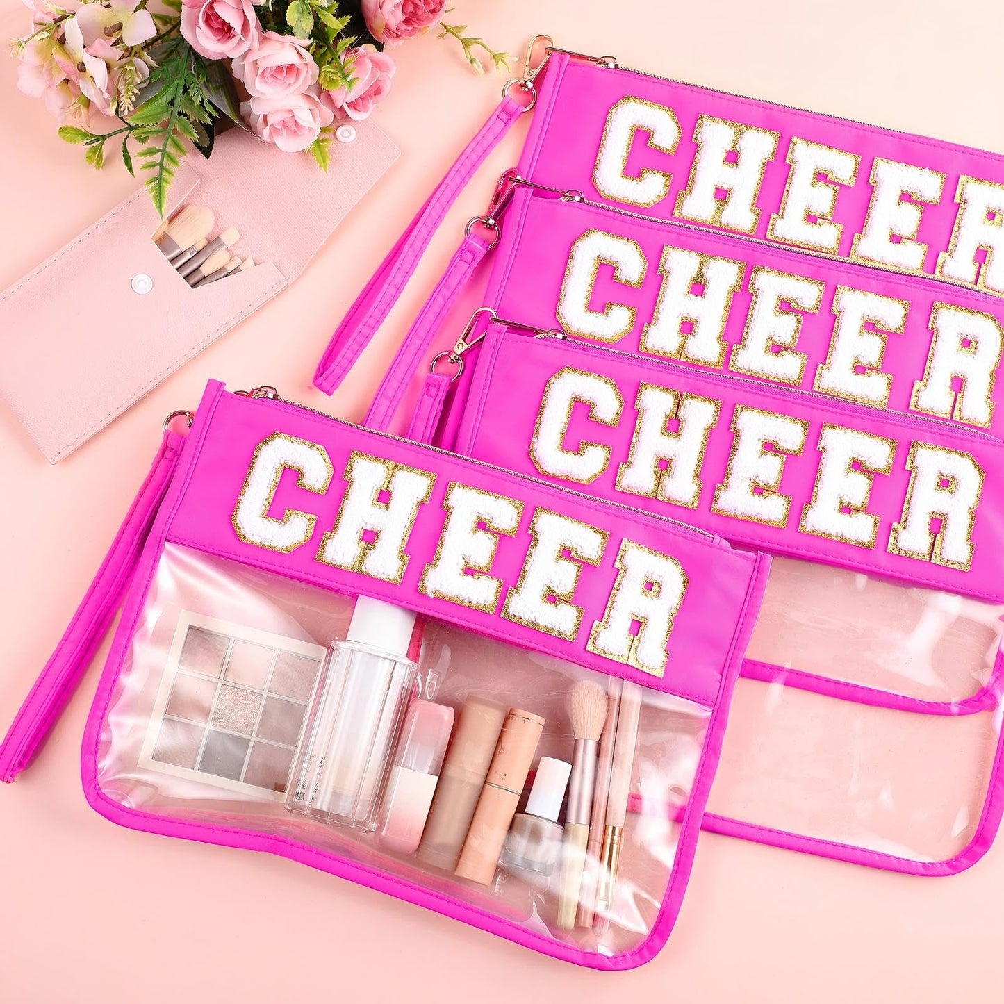Kacctyen 6 Pcs Cheer Bags Chenille Letter Makeup Bag Cheer Gifts for Stuff Cheerleader, Rose Red Clear Zipper Pouch Cosmetic Toiletry Pouch with Handle for Women Girls Gym Beach Travel(Rose Red,Cheer)