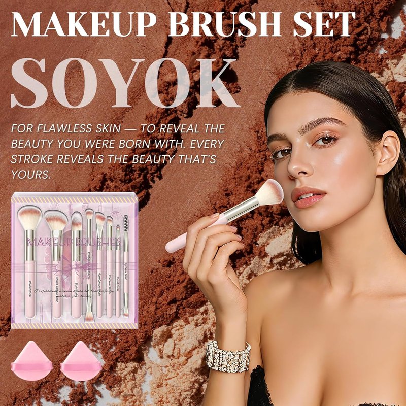 Premium Synthetic Makeup Brush Set - 8 Pcs with 2 Puffs for Powder, Concealers & Eyeshadows | Perfect for Beginners & Travel (Pink)