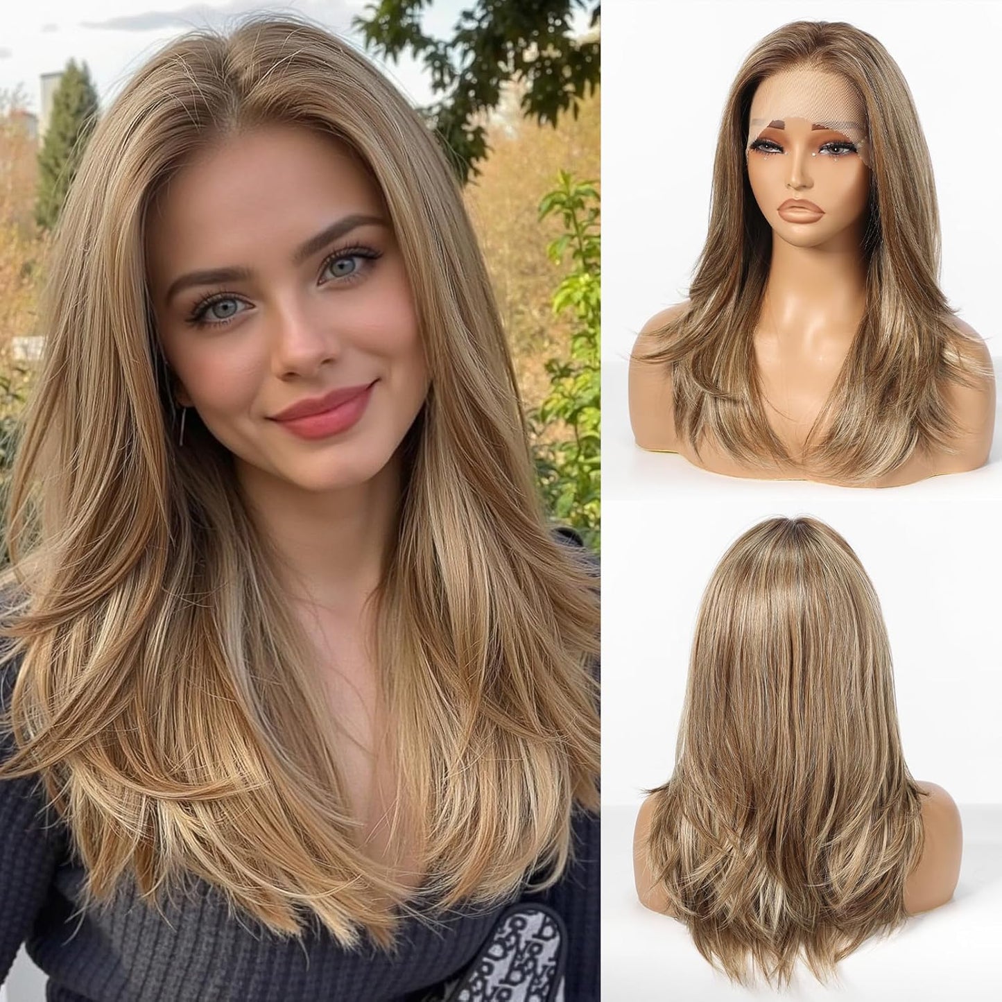 Ash Blonde Synthetic Lace Front Wig for Women - 13x4 Long Layered Hair, Natural Glueless Hairline, 20 Inch