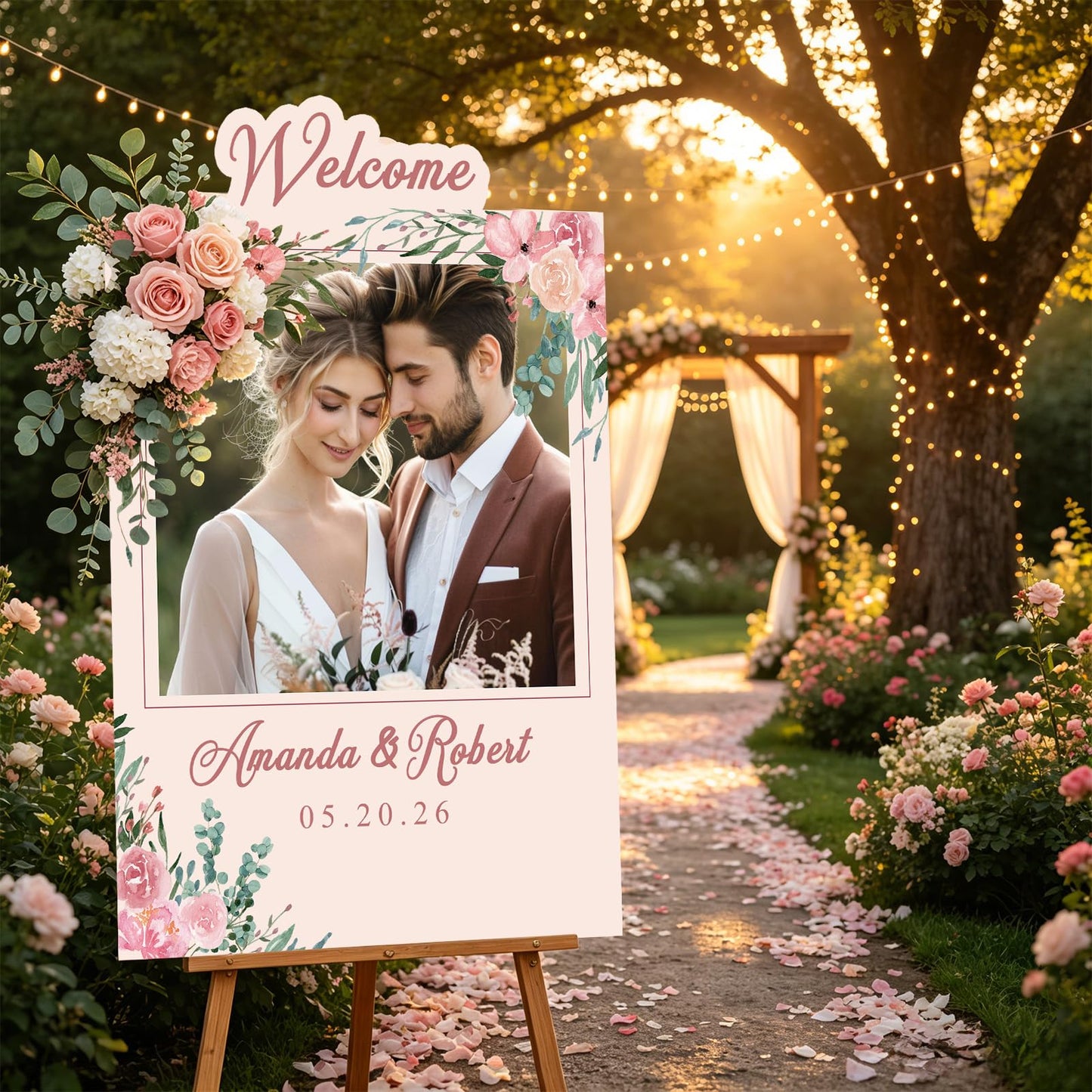 Byxhuc Custom Wedding Sign, Personalized Floral Wedding Welcome Sign with Couple Photo Names Date, Customized KT Board Welcome Sign for Ceremony Reception Bridal Engagement Party