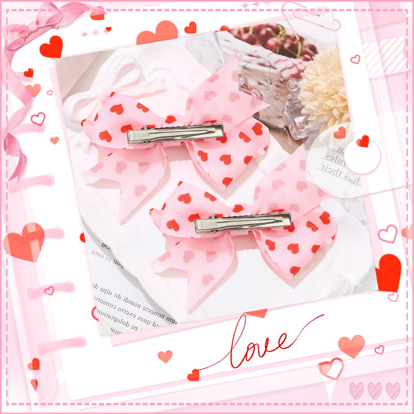 STGDAK Hair Bow Clips Love Heart Bow For Girls Pink Bows Red Print Cute Bowknot Barrettes Easter Hairpins 4 Inch Hair Accessories For Women Decor Party DEaster Basket Stuffers for Girls Gifts