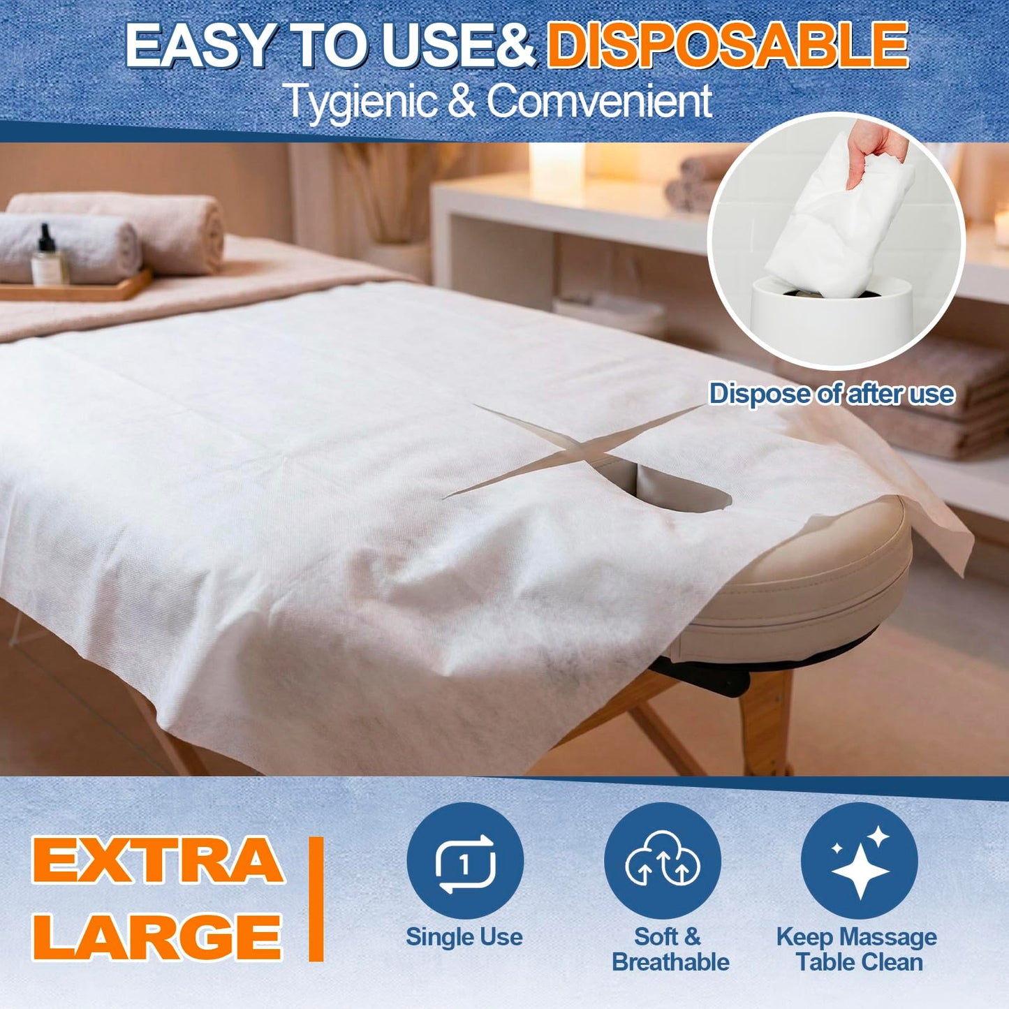 SmoothNovelty 1 Roll Extra Large Disposable Massage Table Sheets 87" x 40" with Pre-cut Face Hole, 50 Sheets Non-woven Waterproof Spa Bed Cover for Massage, Tattoo, Facial, Salon Professional Supplies