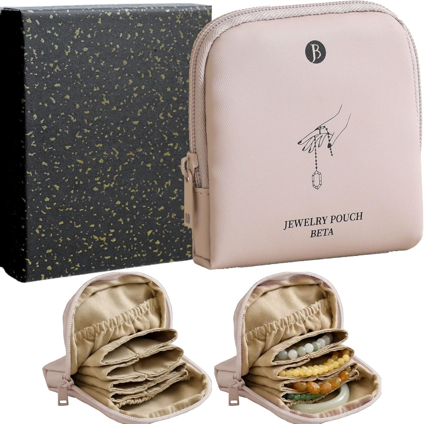 Small Travel Jewelry Case - Tangle-Free Waterproof Organizer for Valuables | Gift Box Included (Beige)