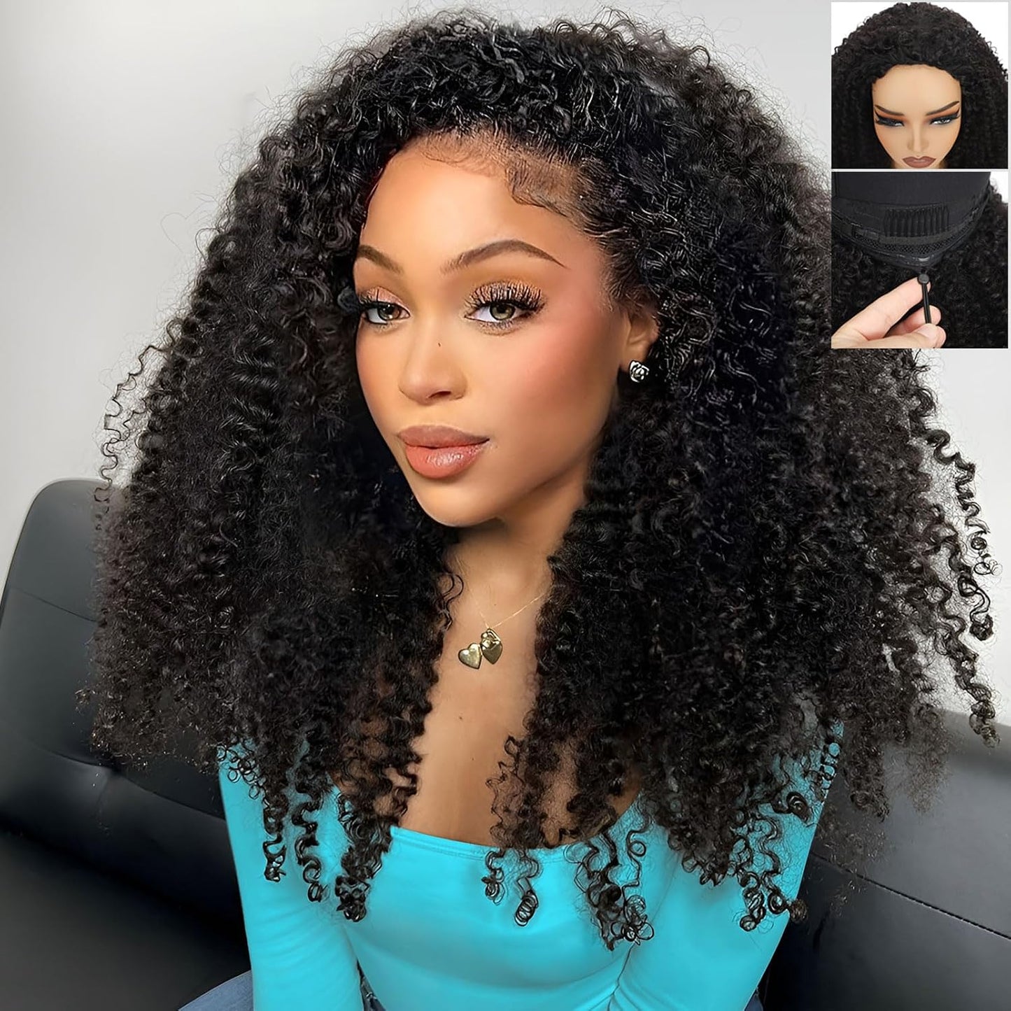 Kinky Curly Half Wig - 18 Inch 200 Density Human Hair Blend | Glueless Headband Wig in Natural Black for Easy Styling
