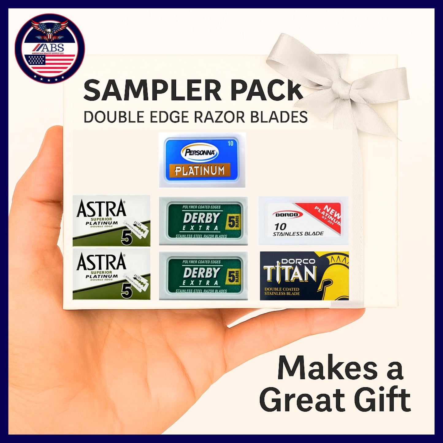 ABS American Beauty Supply Double Edge Safety Razor Blades Sampler Pack for Men-Includes 4 Top Global Brands: Personna Dorco Astra Derby-Comfortable Shaving –Fits All Double Edge Safety Razors (100)