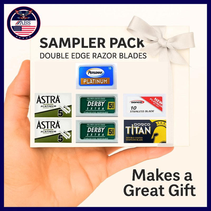 ABS American Beauty Supply Double Edge Safety Razor Blades Sampler Pack for Men-Includes 4 Top Global Brands: Personna Dorco Astra Derby-Comfortable Shaving –Fits All Double Edge Safety Razors (100)