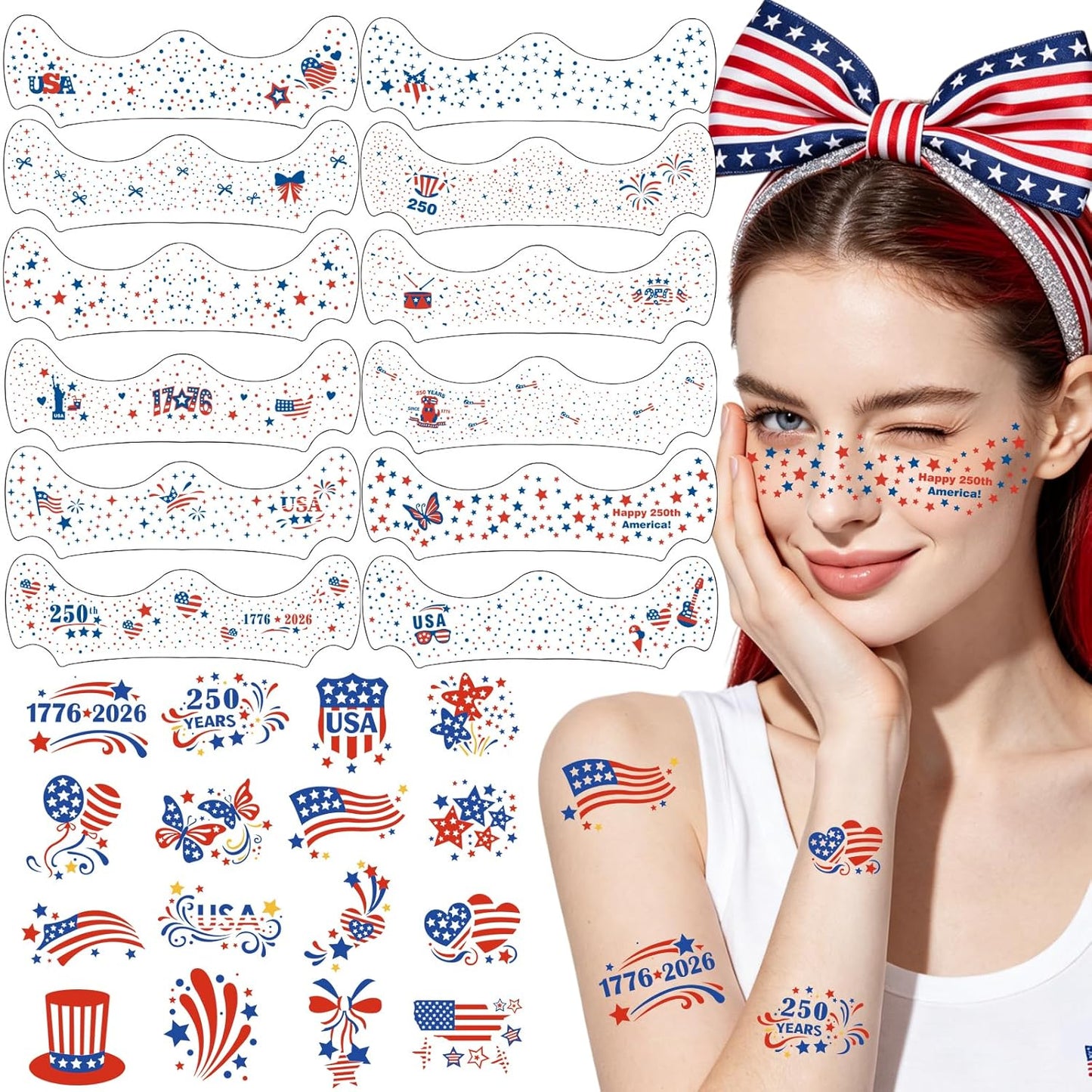 Independence Day Temporary Tattoos - USA Flag Waterproof Fake Tattoos | 77 Sheets for 4th of July, Memorial Day & Veterans Day