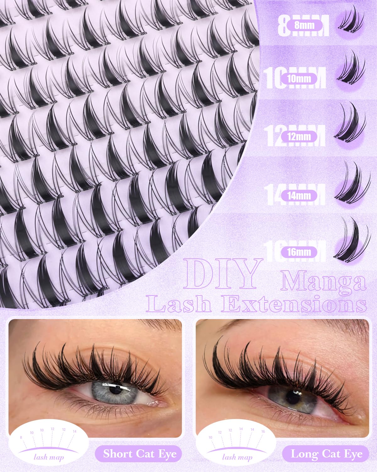 Wtvane Self Adhesive Lash Clusters Manga Pre-Glued Eyelash Clusters 8-16mm Press On Lashes Clusters Wispy Lash Extensions with Clear Band Spiky Eyelash Cluster For Anime Cosplay Look