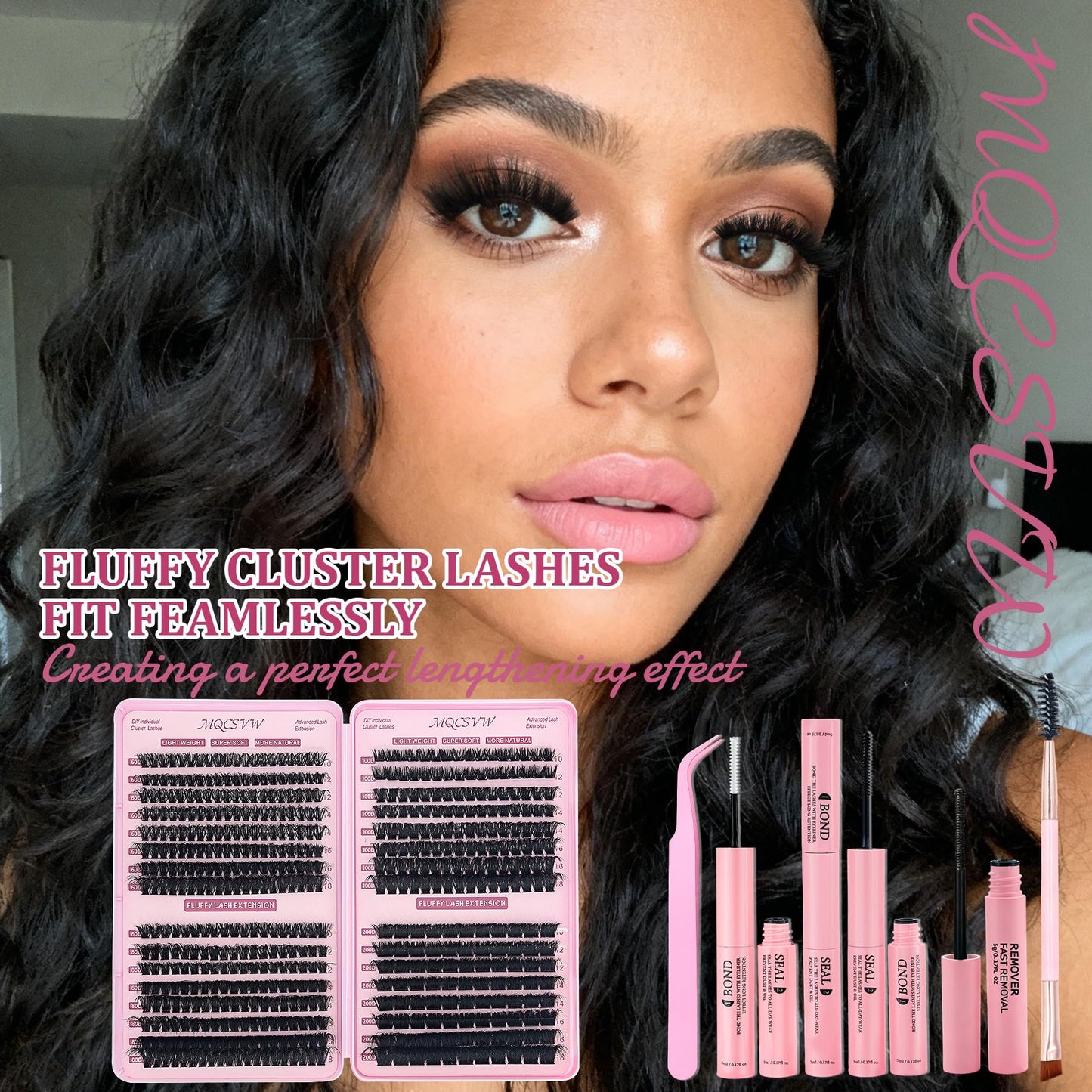 Lash Clusters Kit Fluff 60D+80D+100D+200D Individual Lashes 10-18mm D Curly Cluster Wispy Eyelash Extensions Thick False Eyelashes, with Tweezers Bond Seal Brush Remover Diy