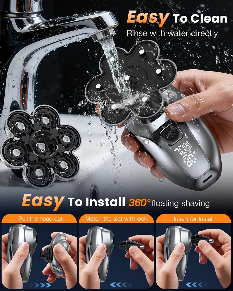 Vylto Head Shavers for Bald Men, 5-in-1 Electric Shaver Grooming Kit, 7D Floating IPX7 Waterproof Rechargeable Wet/Dry Razor for Skull Bald Head, Body Hair, with Massager, Gray