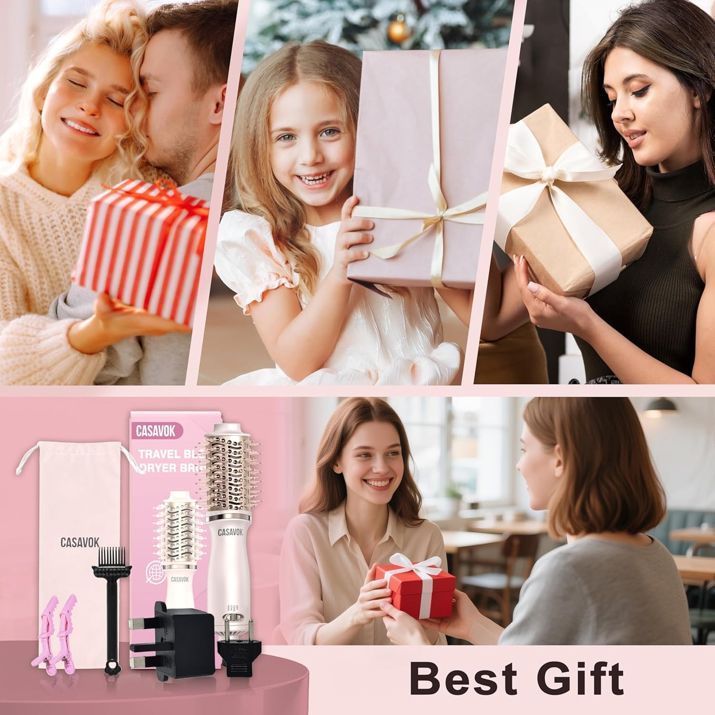 Dual Voltage Hair Dryer Brush - 4 in 1 Mini Hot Air Brush for Short Hair | Volumizer, Pink, 110-240V
