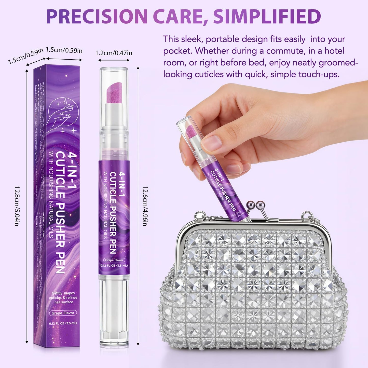 4-in-1 Cuticle Care Pen for Nails, Nail Polishing & Cuticle Grooming Tool with Quartz Pusher and Buffer, Nourishing Nail Care Pen for Dry Cuticles, Portable Manicure Pen (1)