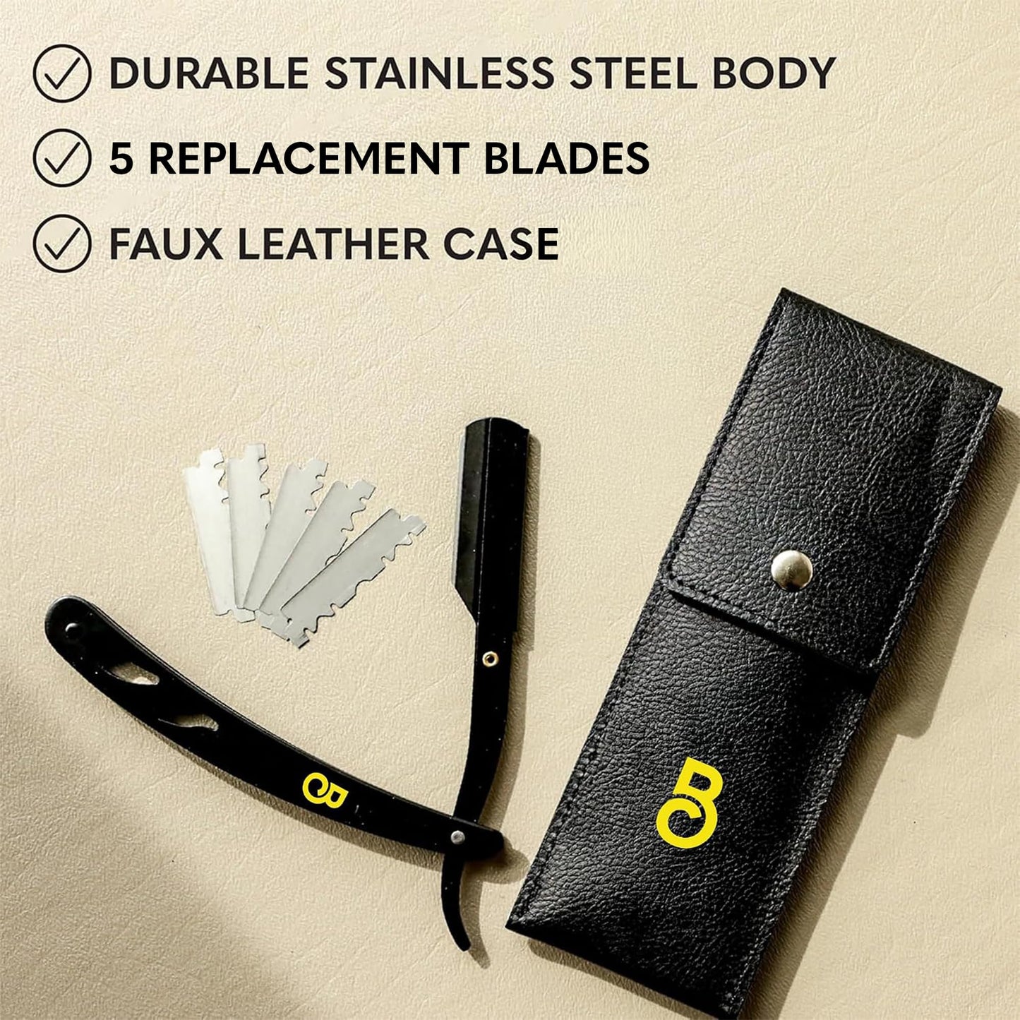 The Beard Club Straight Razor for Men - Navajas Para Barbero - Barber Straight Edge Razor Kit - Premium Single Derby Blade Cutthroat With 5 Replaceable Stainless Steel Blades & Leather Case