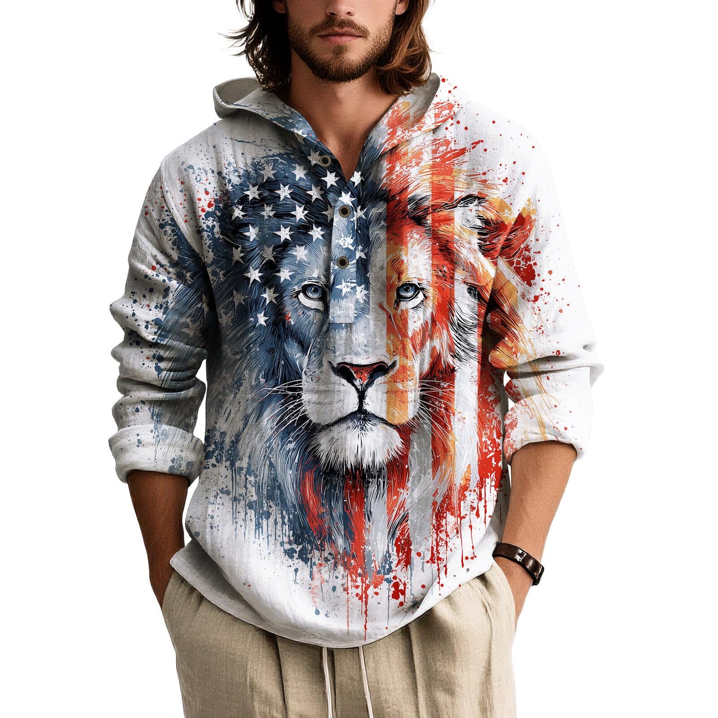 BIVENANT Men's Patriotsic Hoodies Novelty 4th of July Shirts Fashion American Flag Button Up Hoodie Long Sleeve Pullover Tops for Men Big and Tall,USA Lion,XL