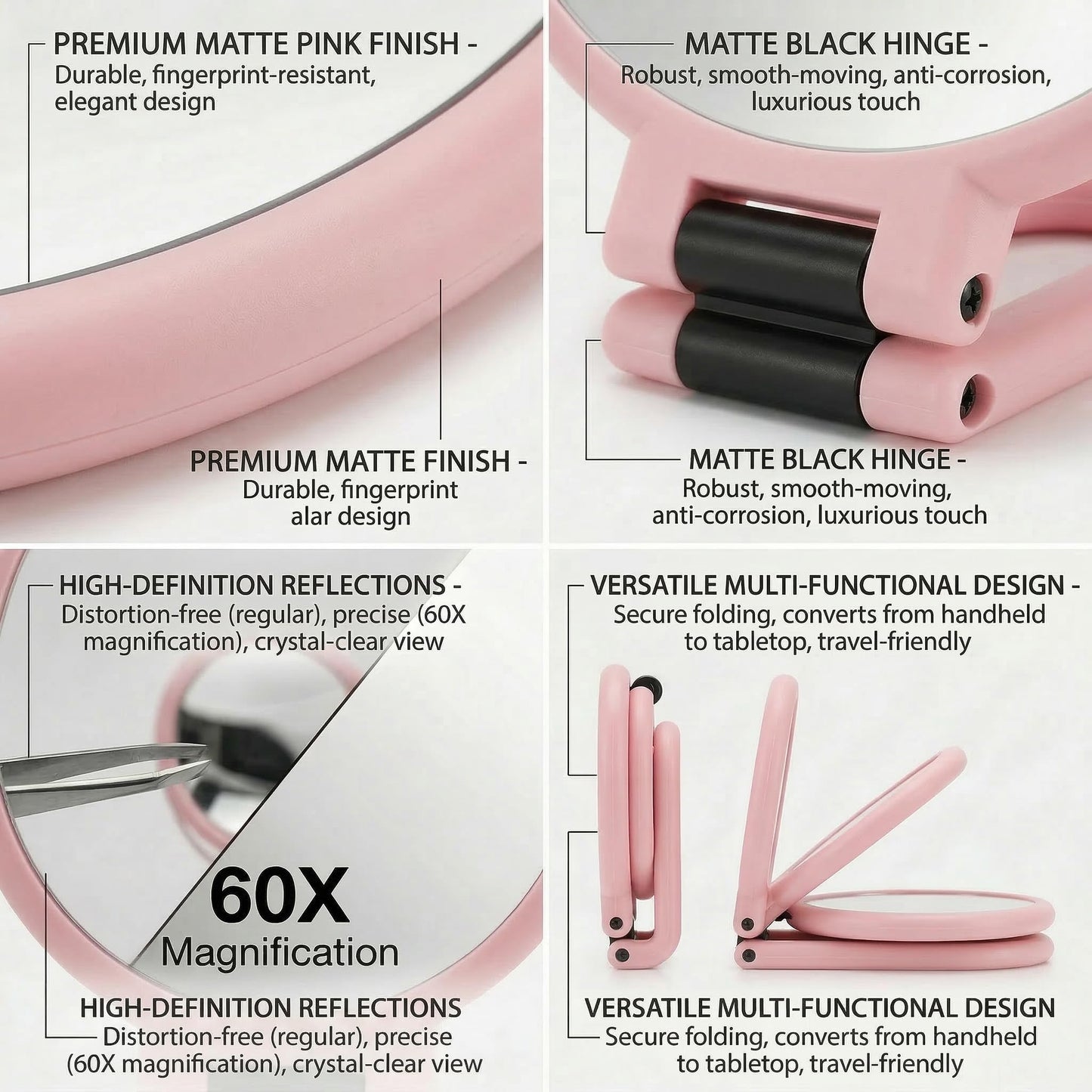 Magnifying Handheld Mirror Double Sided, 1X and 60X Magnification Hand Mirror, Travel Folding Hand Held Makeup Mirror with 360° Rotation Pedestal for Vanity, Dressing Table and Daily Use Pink