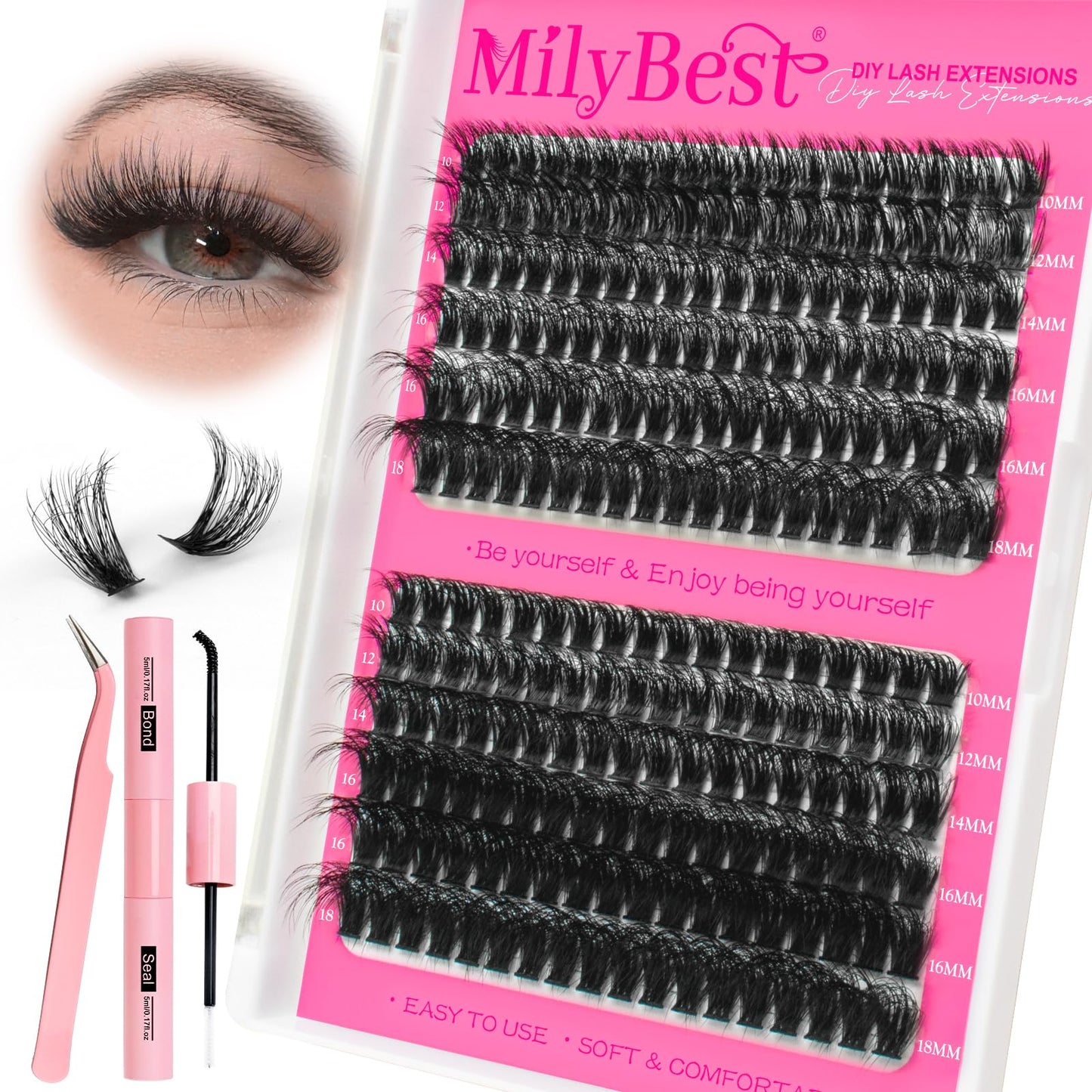 MilyBest Lash Clusters Kit 60D 80D Fluff Cluster Eyelash Extensions 10-18mm Individual Lashes Clusters D Curl Lash Extension Kit, Waterproof Thick Volume Eyelash Clusters with Bond & Seal, Tweezers