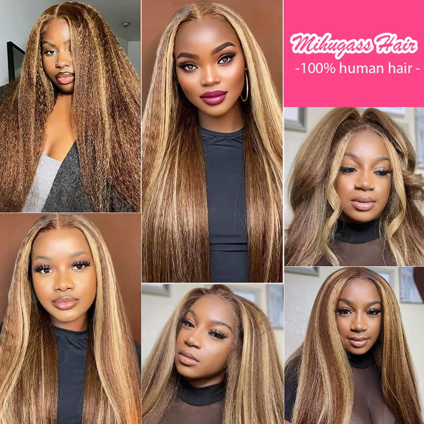 Mihugass Kinky Straight Clip In Hair Extensions Human Hair Clip Ins for Black Women Highlight Balayage Brown Blonde Mix #4/27/4 Full Volume Natural Texture 8pcs 120g 26 Inch