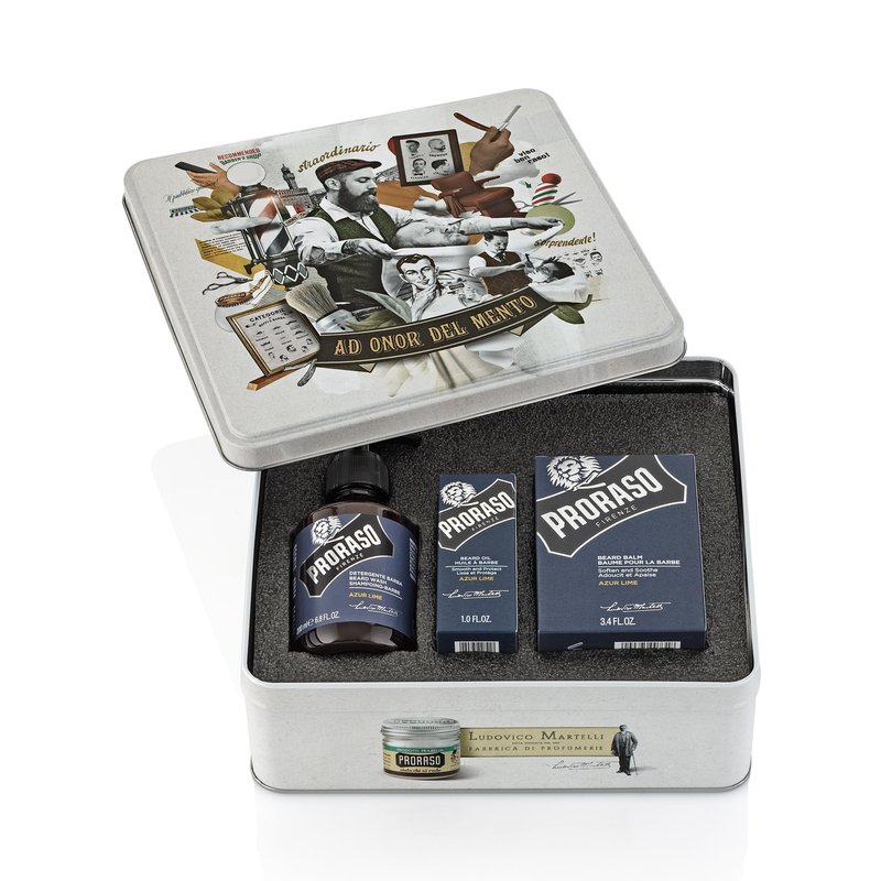 Proraso Azur Lime Complete Beard Care Kit - Beard Wash, Oil, and Balm with Fresh, Citrus Scent - Premium Italian Gift Set for Men in Collectible Tin Box