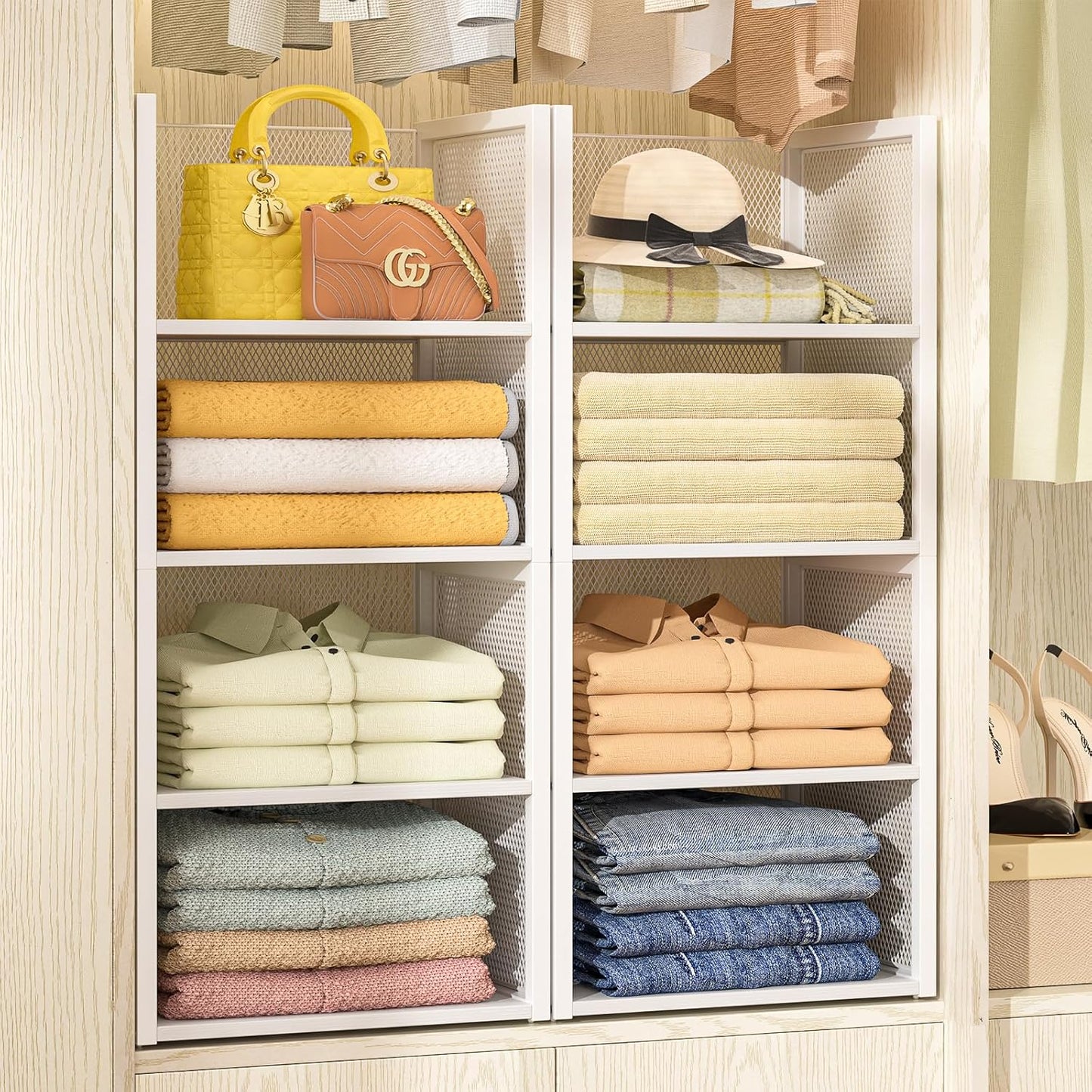 2-Tier Stackable Closet Organizers - Wire Shelf Storage Bins for Clothes | White Multifunctional Cube for Wardrobe & Laundry Room