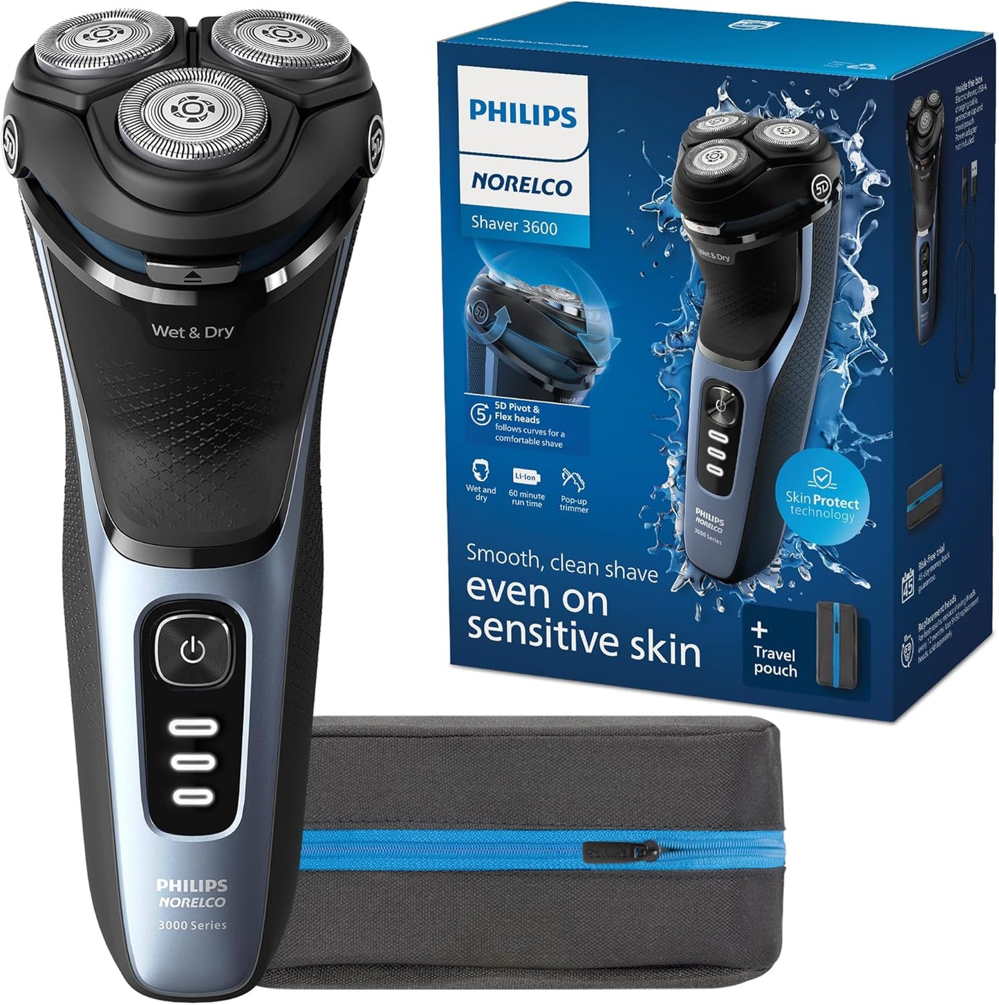 Philips Norelco Shaver 3900 Series - Wet & Dry Electric Shaver with Travel Pouch & Charging Stand | Storm Blue, Model S3341/92