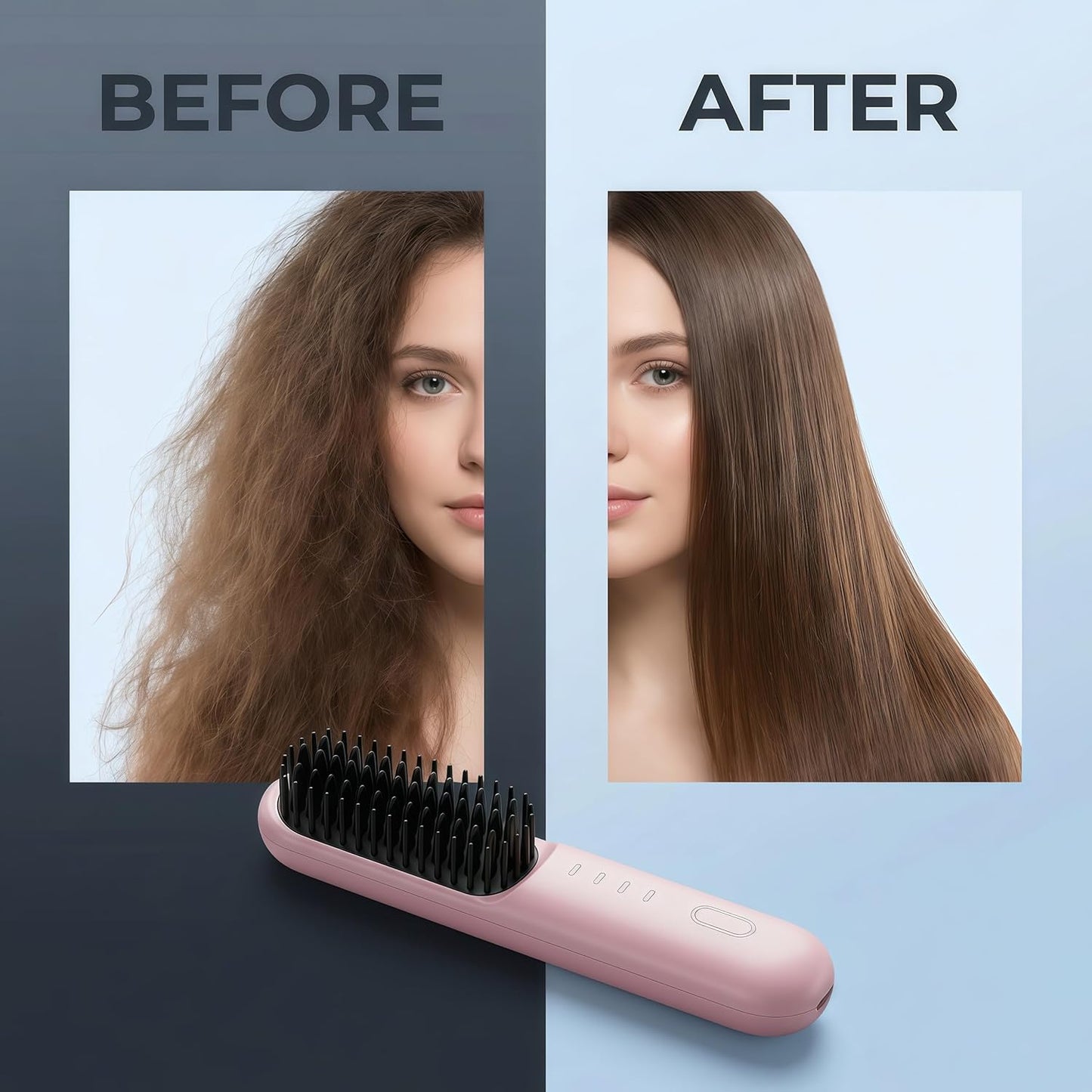Cordless Hair Straightener Brush - Anti-Frizz Ionic Straightening Comb | Portable & Rechargeable (Pink)