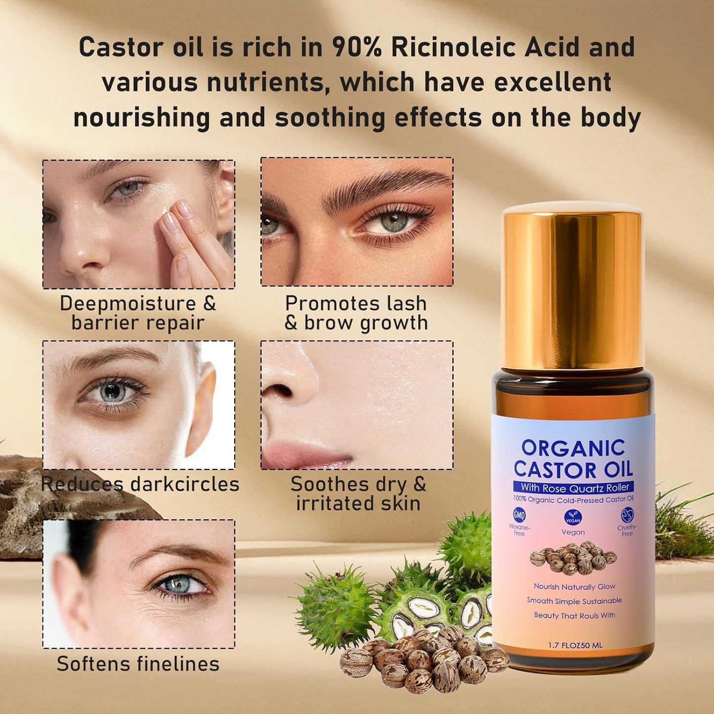 Organic Castor Oil Rose Quartz Roller - 100% Pure Hydrating Roll-On for Radiant Skin | 1.7oz