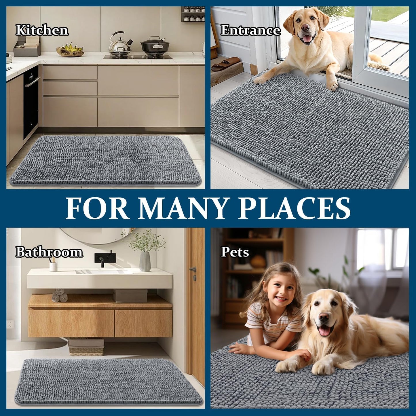 Dog Door Mat for Muddy Paws - Absorbent Non-Slip Chenille Doormat | 48x30 Grey Indoor Carpet