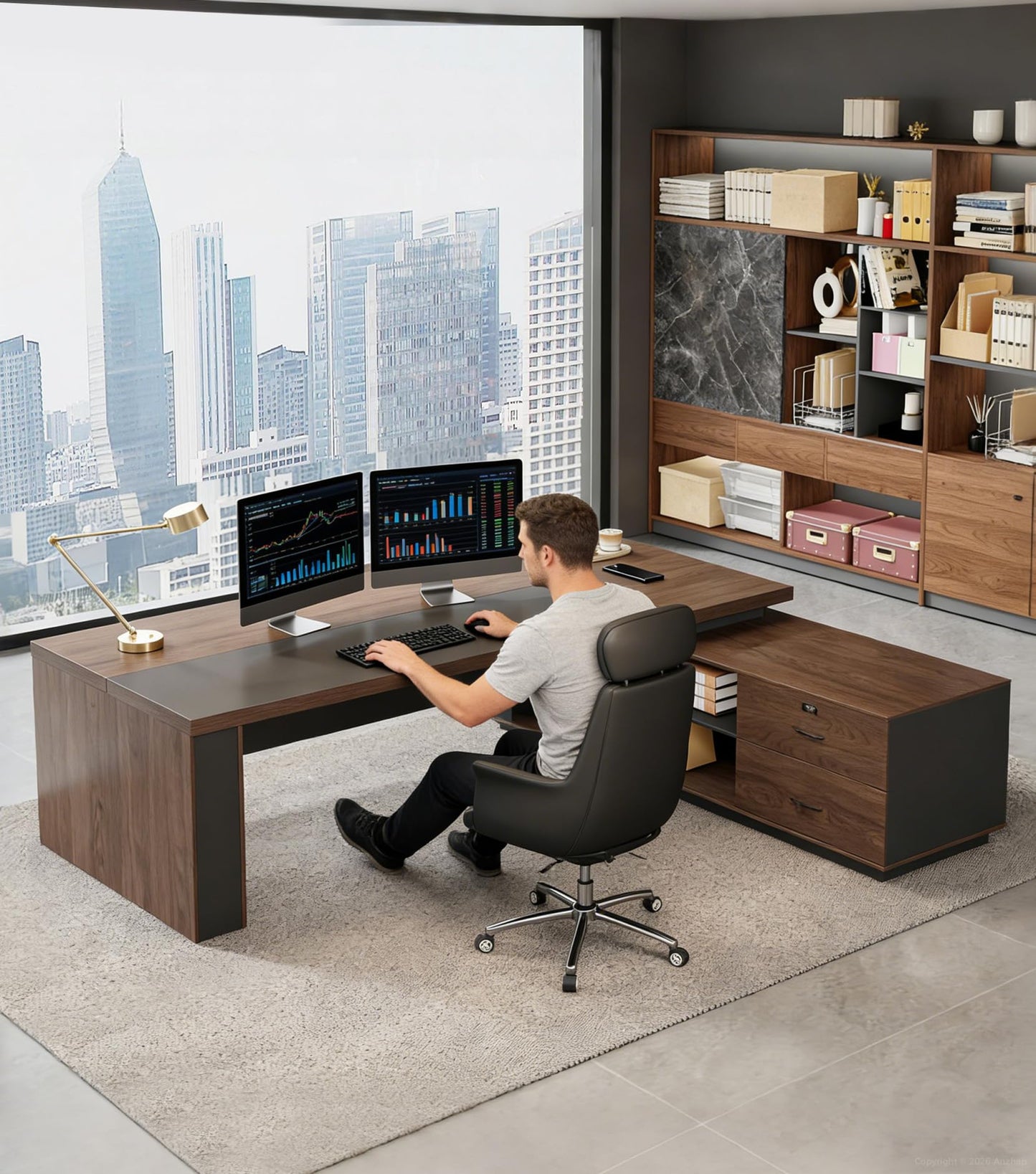 Anzhap 79" Reversible L-Shaped Executive Desk with Power Outlets & LED Lighting, Large Modern Office Desk with Drawers & Storage Shelves for Home Office, Corporate, School (79" W x 63" D x 30" H)