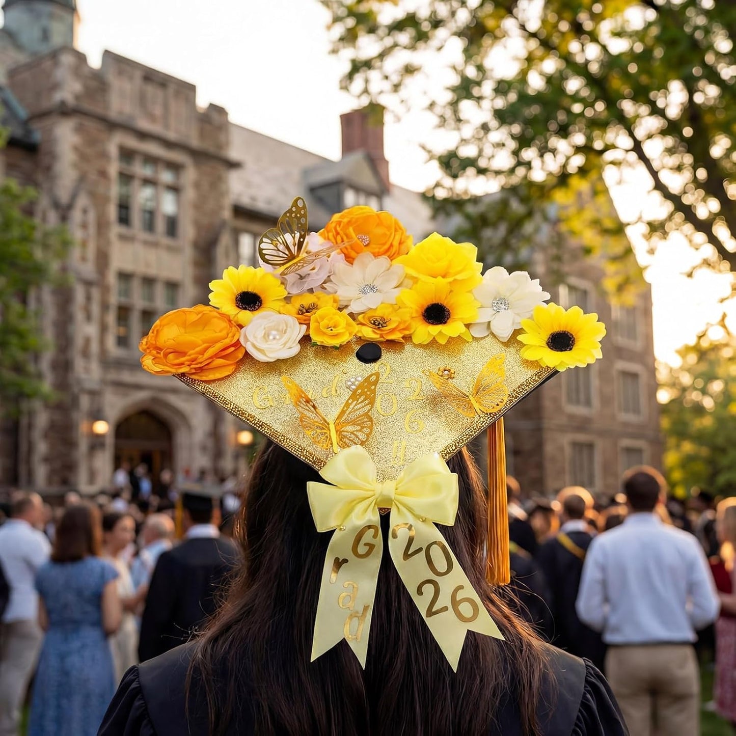 DIY Graduation Cap Decorations Kit - 68 Pcs Faux Flowers, 3D Butterflies, Rhinestones & Alphabet Stickers | Yellow