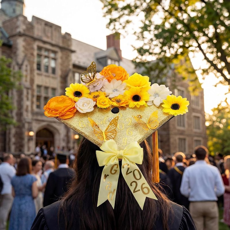DIY Graduation Cap Decorations Kit - 68 Pcs Faux Flowers, 3D Butterflies, Rhinestones & Alphabet Stickers | Yellow