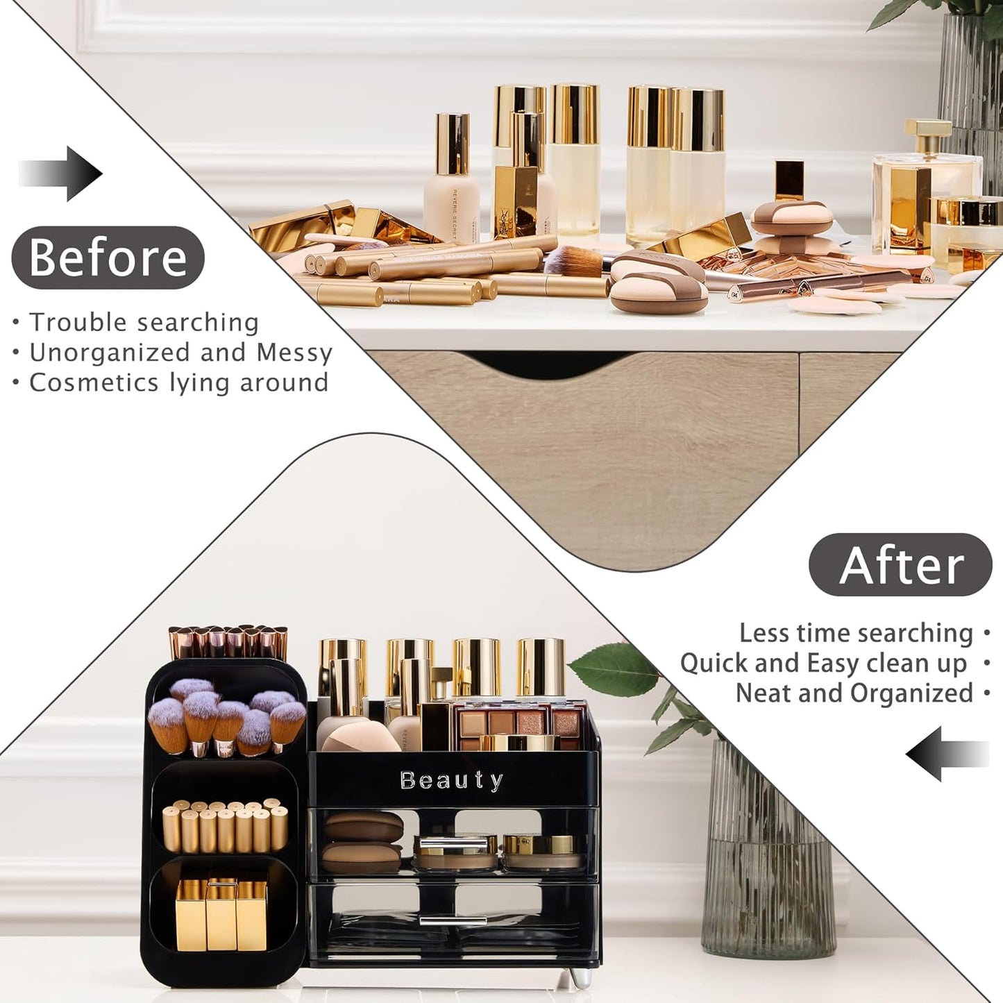 Makeup Organizer for Vanity - Spacious Countertop Storage with Brush Holder & Drawers | Ideal for Cosmetics & Skincare