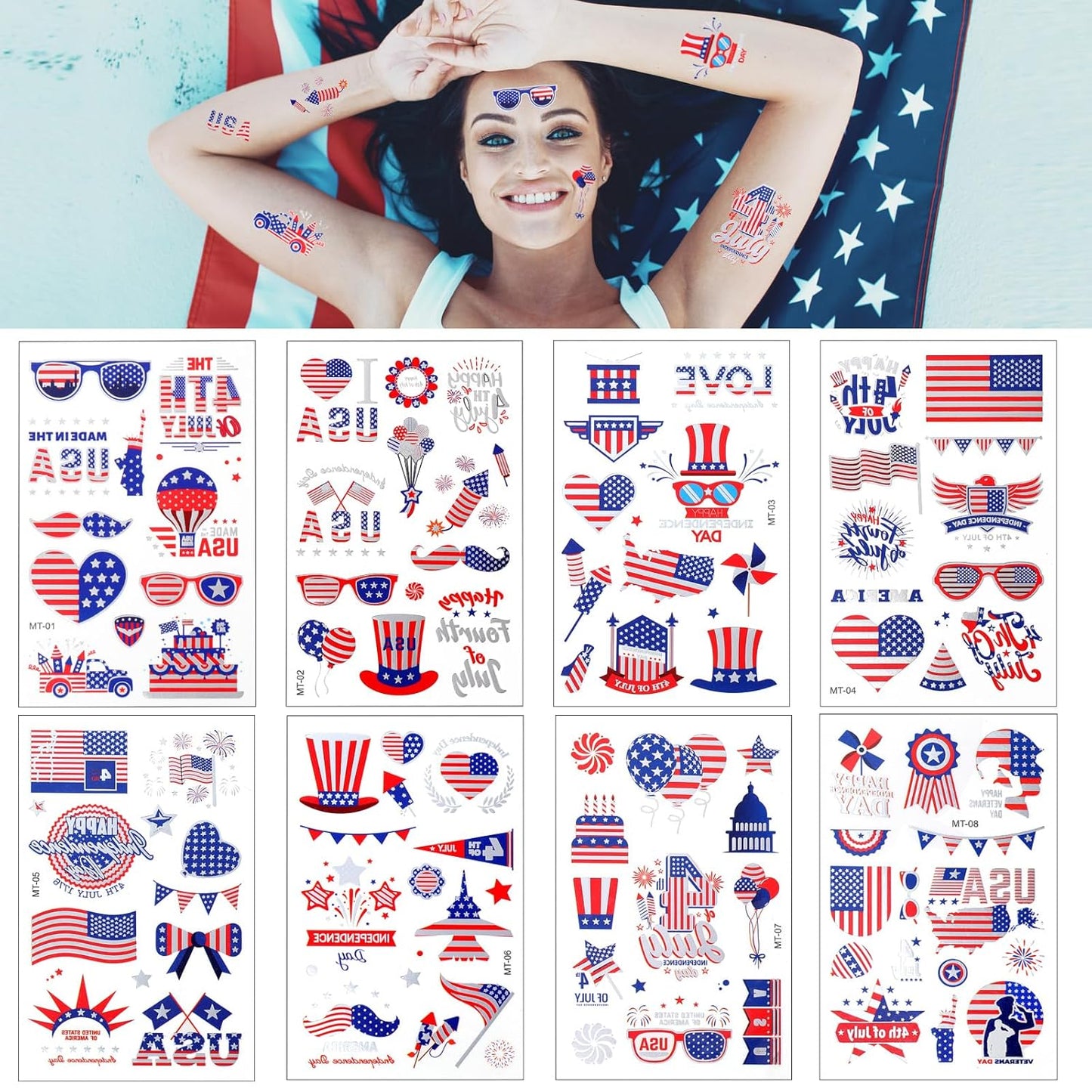 4th of July Temporary Tattoos - Metallic USA Patriotic Stickers | American Flag Designs for Independence Day Celebrations