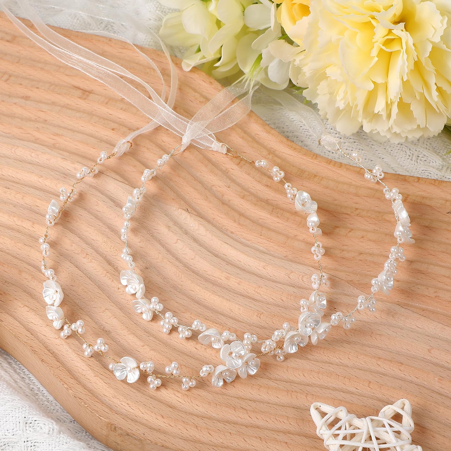 MBAIYO 2Pcs Flower Girl Hair Accessory, Pearl Flower Girl Headpiece Adjustable Wedding Headband for Girls Wedding Birthday Party First Communion Head Crown for Women