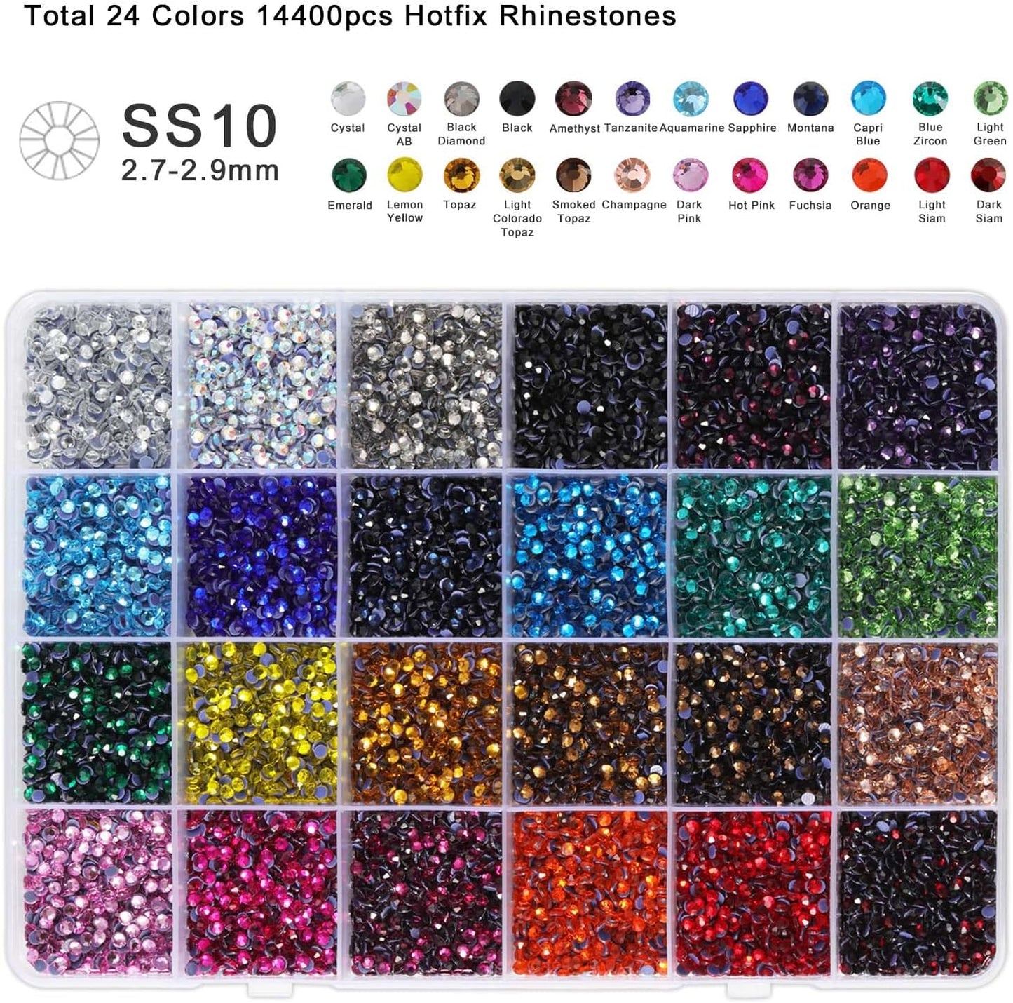 Hotfix Rhinestones - 24 Color Mixed SS10 Craft Crystals with Tweezers, Wax Pencil & Spoon