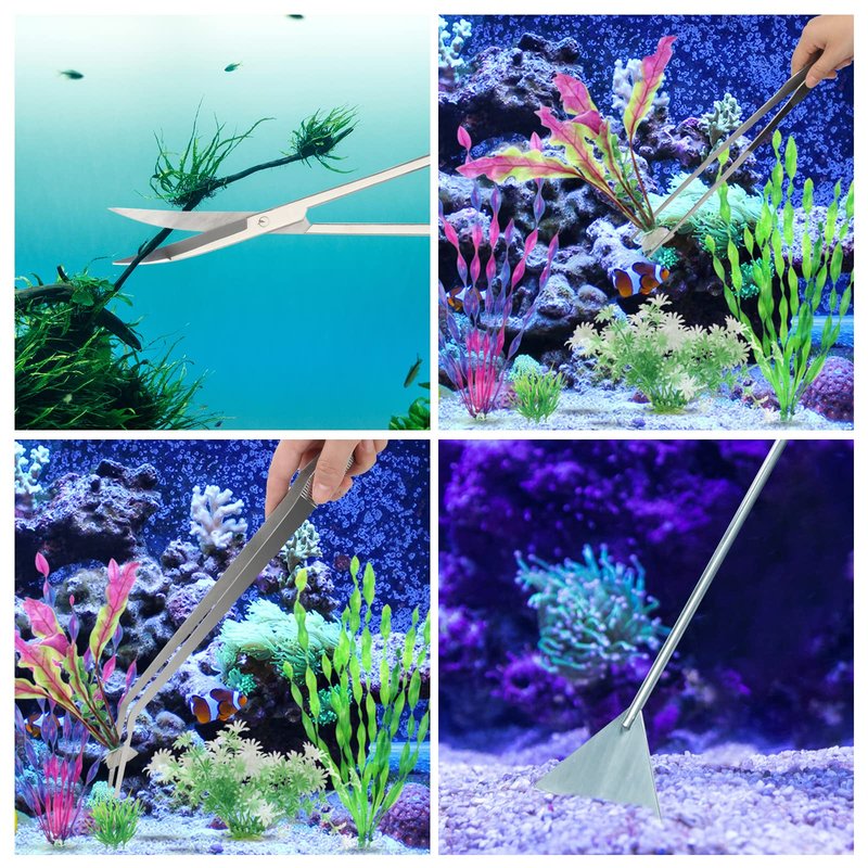 Liveek Aquarium Aquascape Tools Kit 15in, 4 in 1 Anti-Rust Aquatic Plant Aquascaping Tool Stainless Steel Tweezers Scissor Spatula for Aquarium Tank Clean Fish Tank Aquascape Accessories Set(Silver)