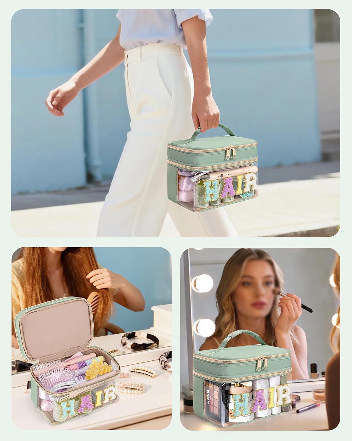 Double Layer Hair Accessories Organizer - Preppy Patch Makeup Bag | Portable Travel Cosmetic Pouch for Women - Green