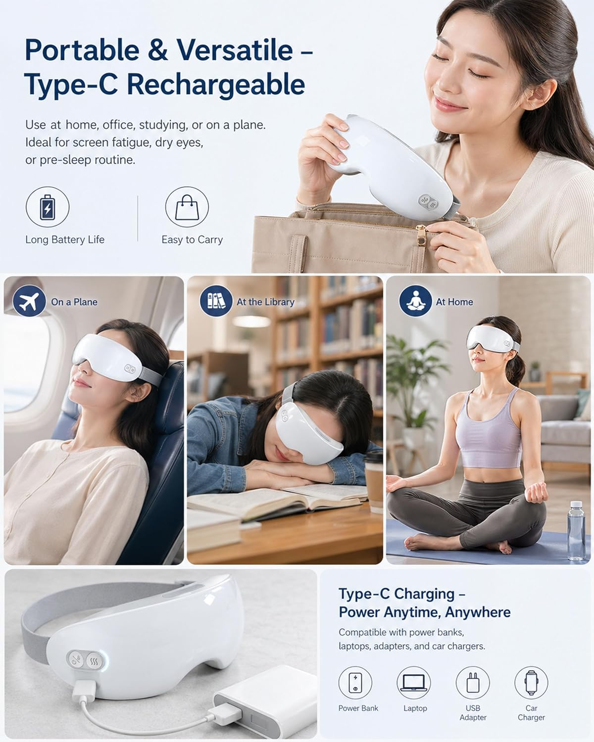Steam Eye Mask - Rechargeable Warm Mist Eye Steamer for Puffy Eyes & Strain Relief | Soft Silicone Design, 40-42°C