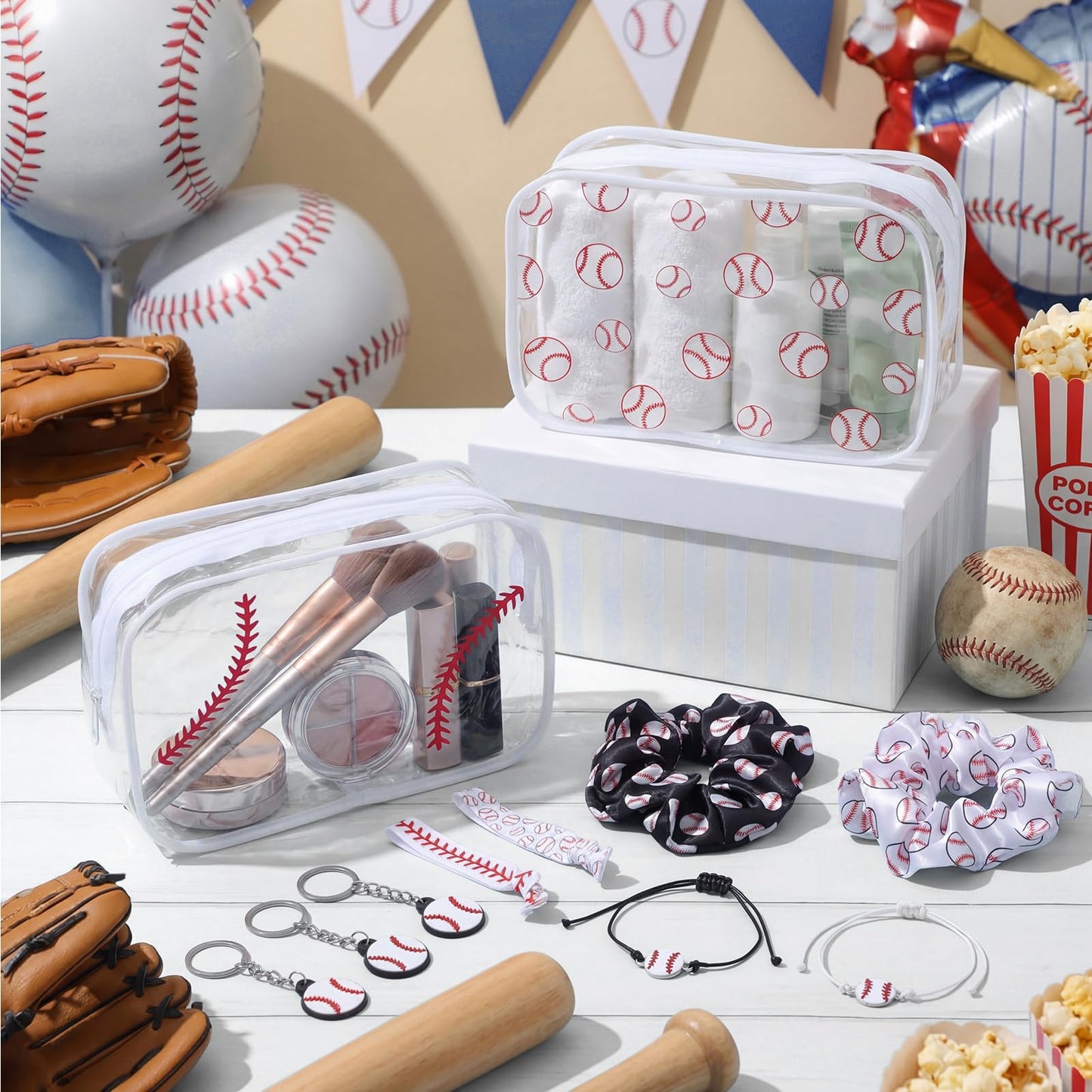 Zeyune 60 Pcs Baseball Party Favors Set - Cosmetic Bags, Keychains, Charm Bracelets, Hair Ties, Scrunchies for Baseball Party Decorations Supplies