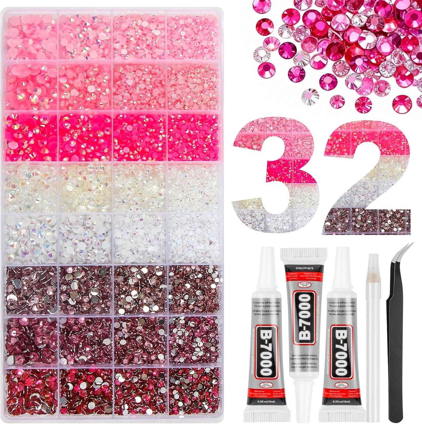 Jelly Resin Rhinestones - 45000 Pcs 32 Colors Flatback Gems for Crafting | 3mm Multicolor Bedazzler Kit with B7000 Jewelry Glue