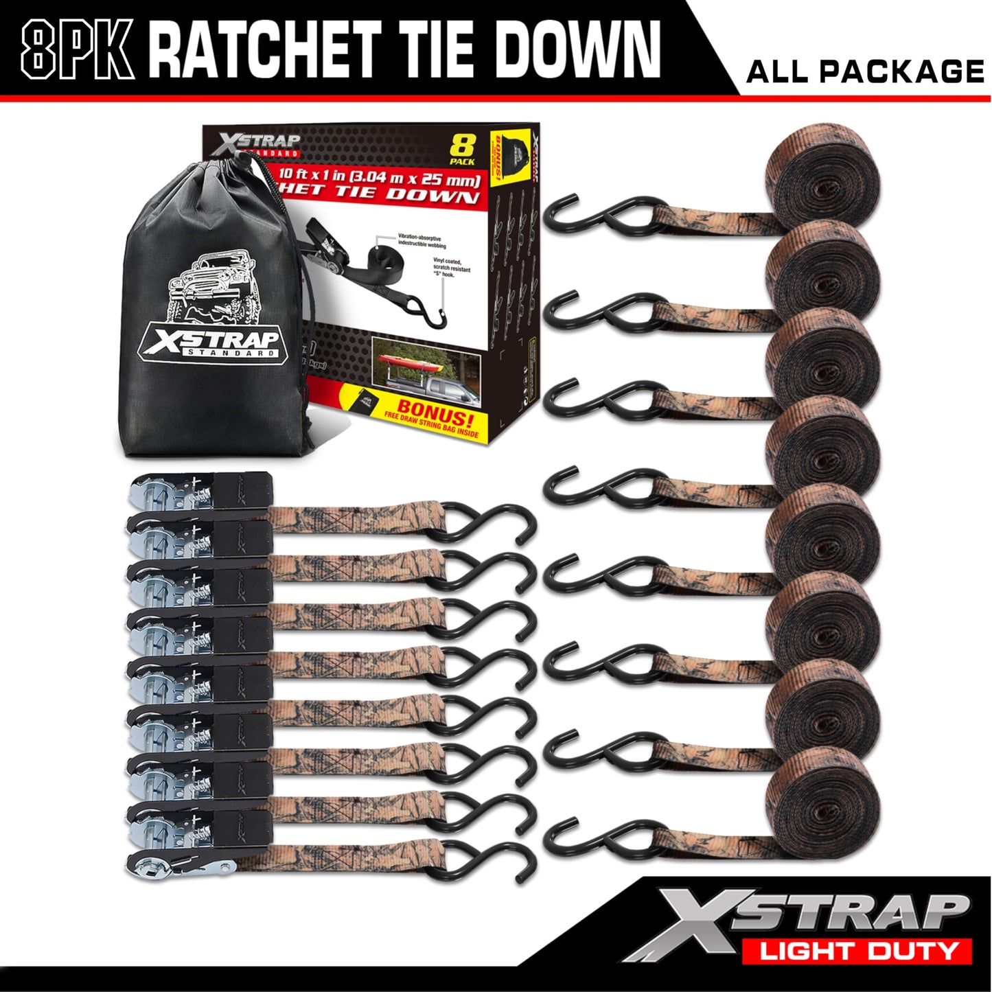 XSTRAP STANDARD Ratchet Tie Down Straps - 8PK - 1'' x 10 ft - 900 LB Break Strength Cargo Straps for Moving Appliances, Lawn Equipment, Motorcycle (Camouflage2)
