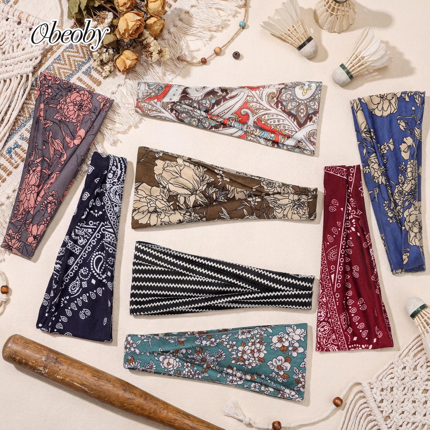 obeoby Boho Style Headbands for Women, 8 Pack Non Slip Headbands Fashion Hippie Clothes Outfit Gift Wide Hairband Hair Wrap