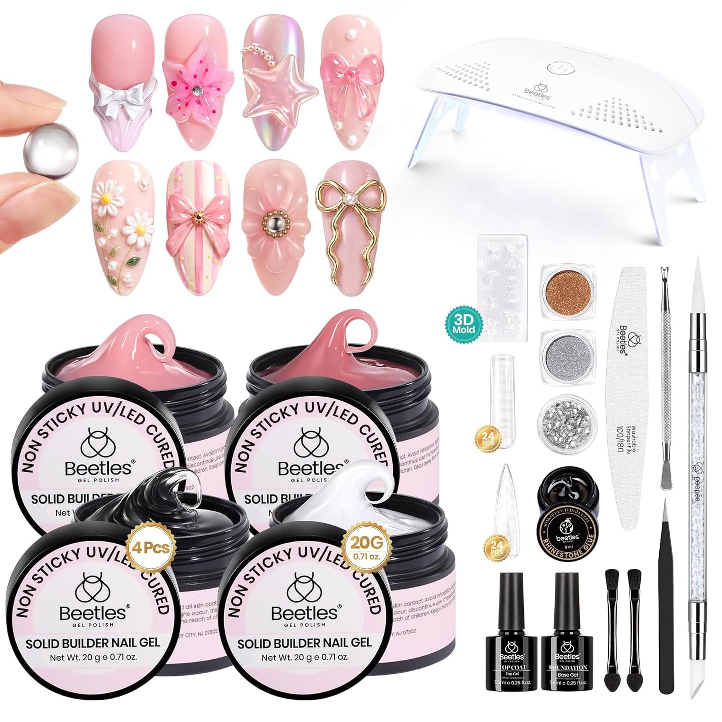Beetles 3D Solid Builder Nail Gel Kit - 2 oz Clear Sculpting Gel for 3D Nail Art | Non-Sticky UV LED Gel with Dual Forms & Sculpting Pen
