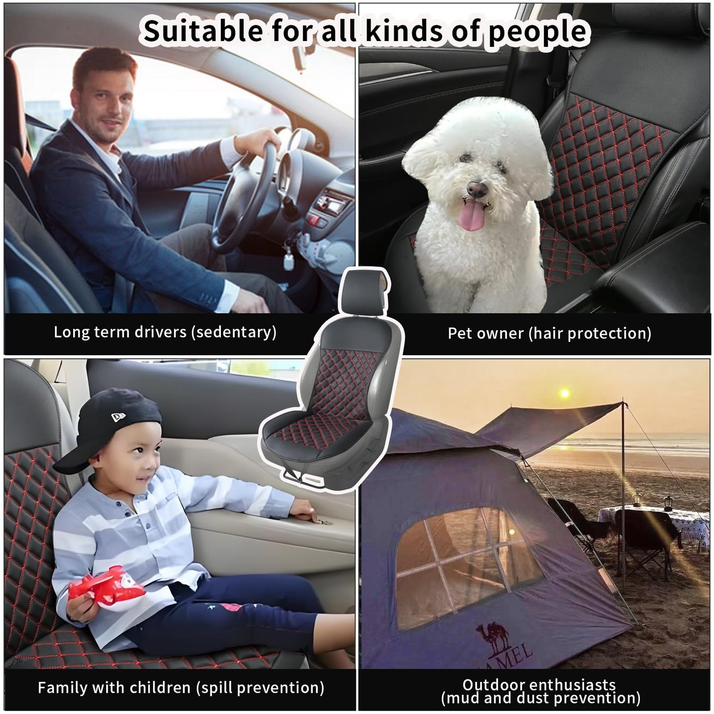 ZMOIVOK 2pcs Car Seat Covers,Leather Water Proof Material No Slip Soft Car Seat Protector Side not Wrapped,for Car with Airbags,Seat Covers Universal for Most Automotive,Suvs,Vans,Trucks (Black-Red)