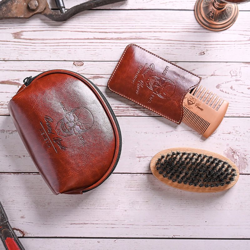 Menesia Beard Brush and Comb Set, Boar Bristle Hair Beard Brush Kit with Small Leather Travel Toiletry Bag Case for Men, Include Men's Wooden Mustache Comb