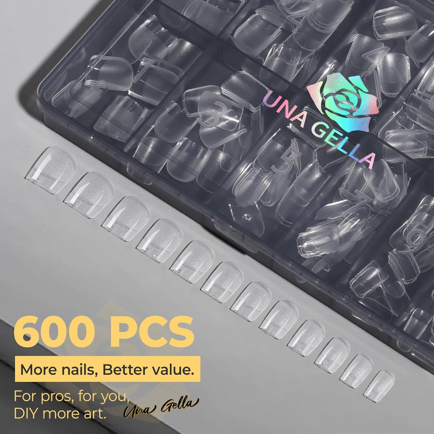 Extra Short Square Nail Tips - 600pcs Pre-Etched Soft Gel Clear Fake Nails | DIY Nail Art at Home, 12 Sizes