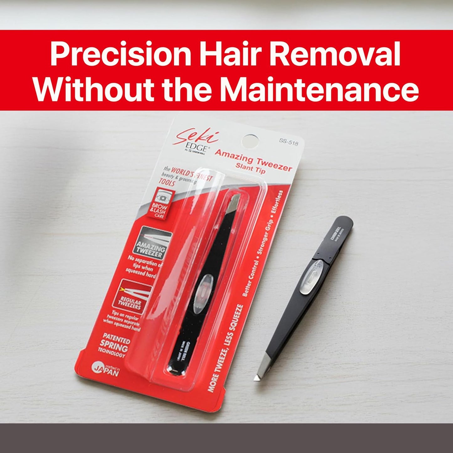 Seki Edge SS-518 Slant Tip Tweezer - Stainless Steel Precision Tool for Flawless Eyebrow & Hair Removal | Black
